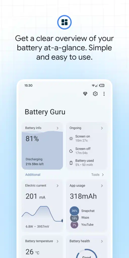 تجميل تطبيق Battery Guru Battery Health لإدارة ومراقبة بطارية أجهزة أندرويد