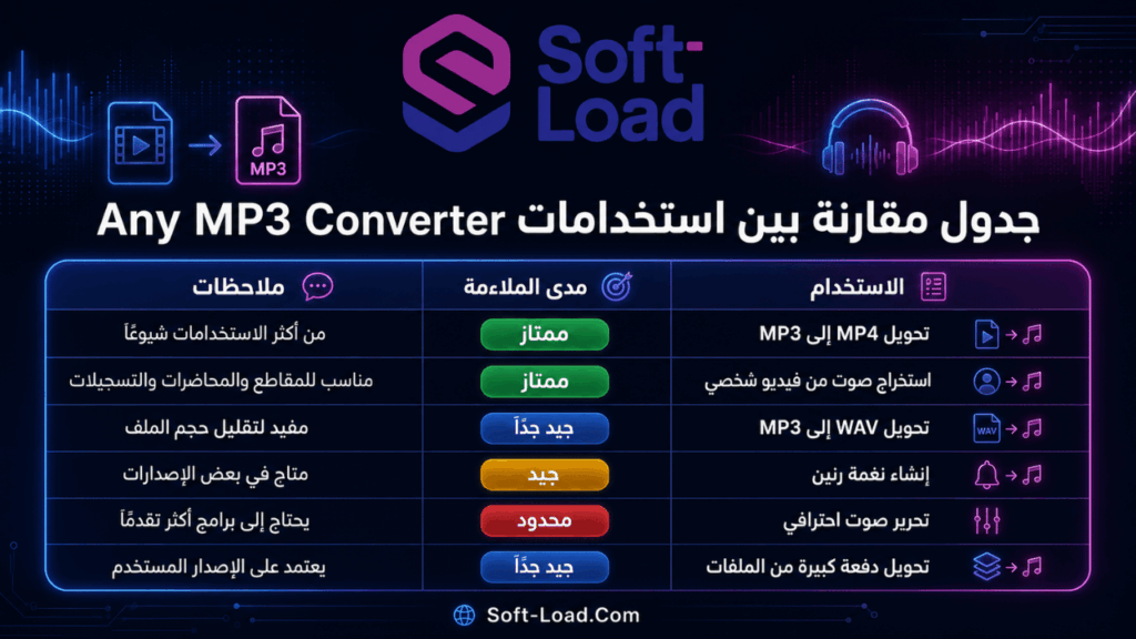 جدول مقارنة بين استخدامات Any MP3 Converter