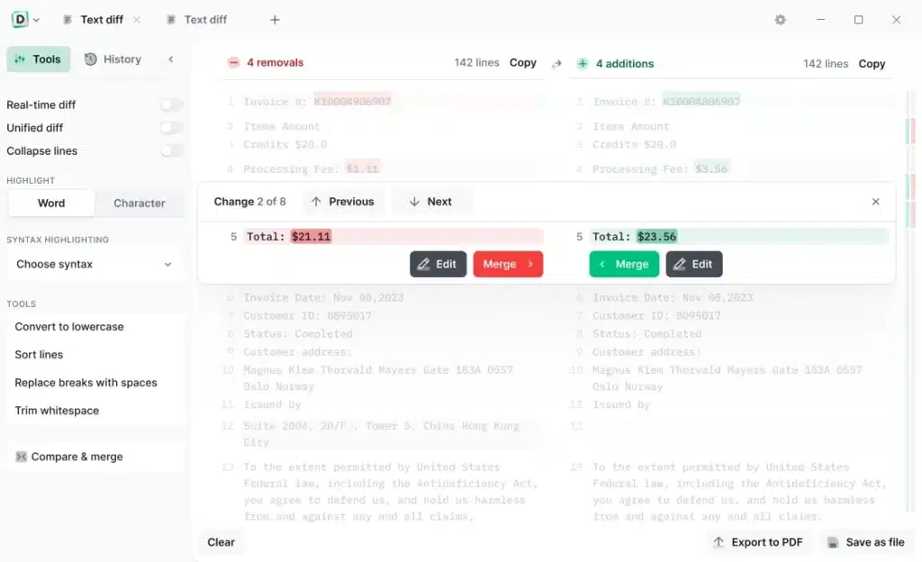 تحميل برنامج Diffchecker لمقارنة النصوص والصور وملفات PDF