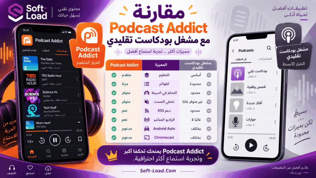 مقارنة Podcast Addict مع مشغل بودكاست تقليدي