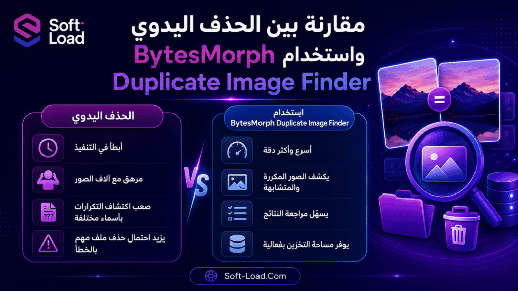 مقارنة بين الحذف اليدوي واستخدام BytesMorph Duplicate Image Finder