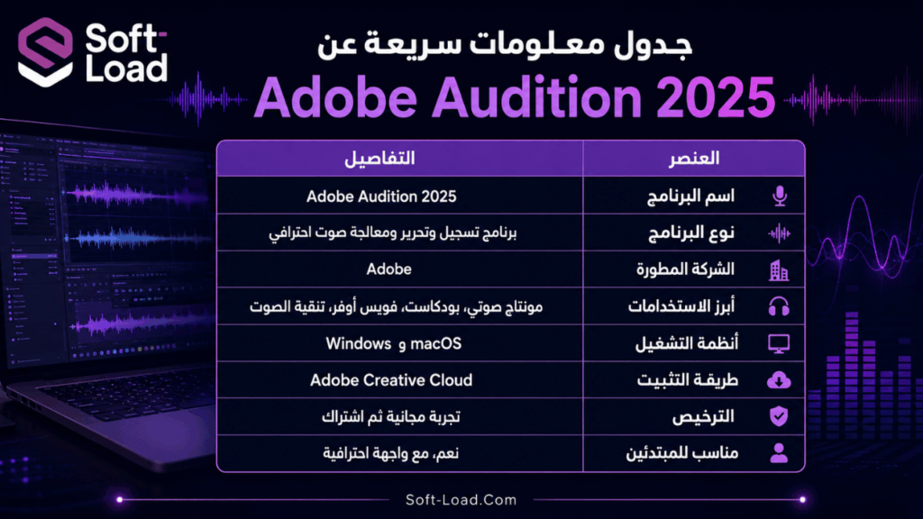 جدول معلومات سريعة عن Adobe Audition 2025